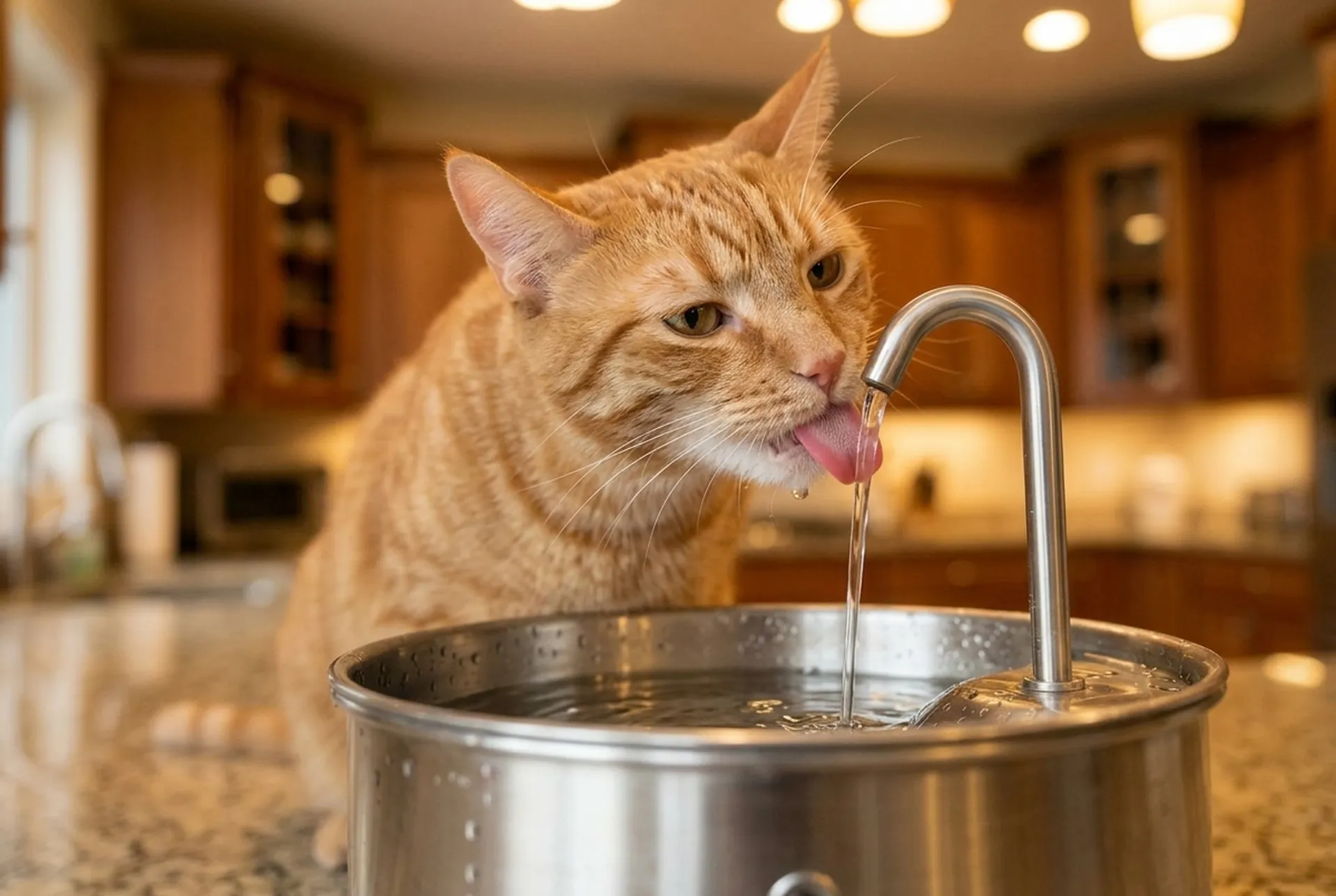 Cat drinking from FreshFlow stainless steel water fountain